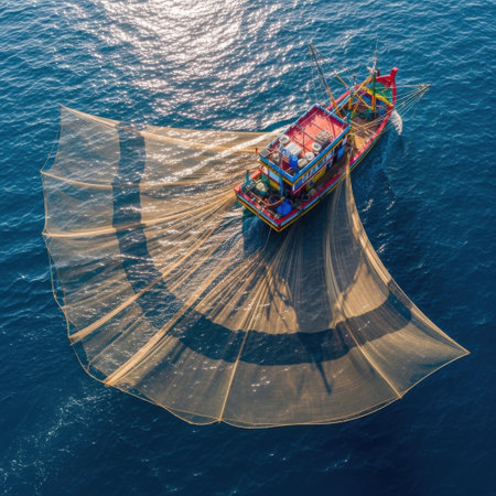 An overhead shot captures the expansive, intricate fishing net being deployed from a boat. The vibrant net contrasts with the deep blue ocean, showcasing a unique fishing technique.の素材