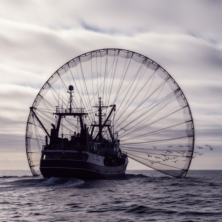 A silhouette of a large fishing trawler actively deploying its expansive net, creating a dramatic arc over the water. The scene captures the essence of commercial fishing and the vastness of the sea.の素材
