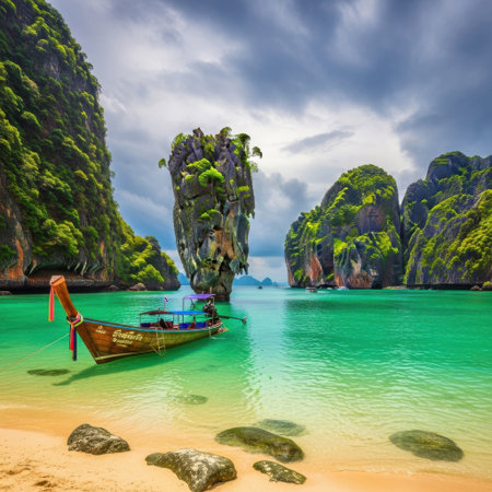 A stunning tropical seascape featuring the famous James Bond Island in Thailand. Turquoise waters lap a sandy beach where a traditional longtail boat rests, with dramatic limestone karsts rising from the ocean.の素材