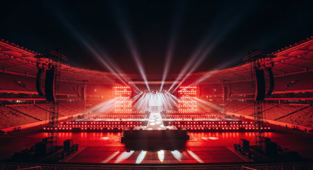 A vibrant stage illuminated by dramatic red and white spotlights, featuring a DJ booth and impressive audio equipment.の素材