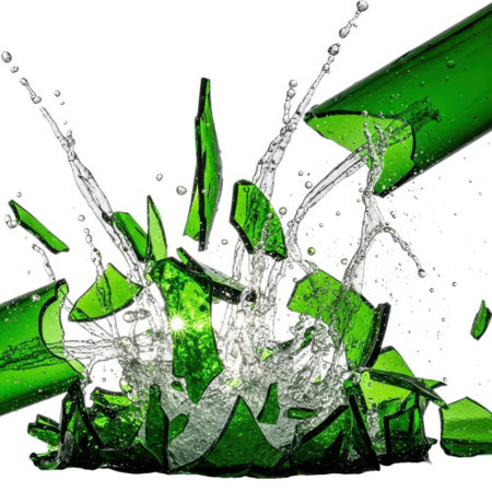 Dynamic high-speed photograph captures the dramatic moment a green glass bottle shatters and water erupts outwards, showcasing the intense energy of the explosion.の素材