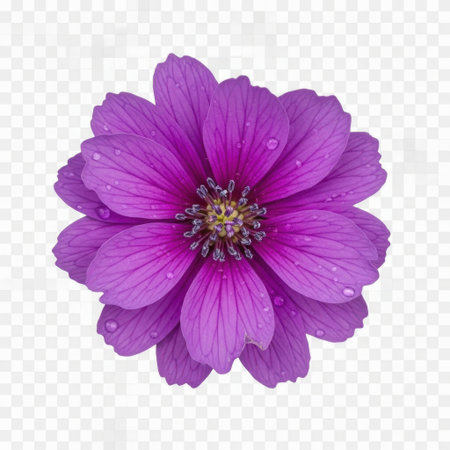 A single, stunning purple daisy-like flower is showcased with its numerous soft petals. Tiny water droplets glisten on its surface, adding a fresh and natural beauty.の素材