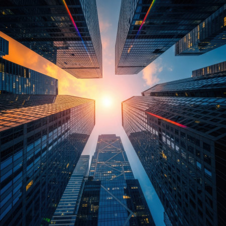 A striking upward perspective of towering skyscrapers bathed in warm sunlight, creating a dramatic urban vista. This image captures the essence of a bustling city center.の素材