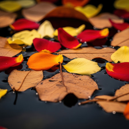 A vibrant collection of colorful petals and leaves gently float on a dark, reflective surface, creating a beautiful natural pattern perfect for design elements.の素材
