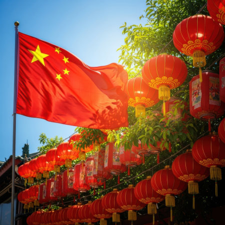 A vibrant red Chinese flag flutters proudly alongside numerous glowing red lanterns, evoking a strong sense of national pride and festive celebration.の素材