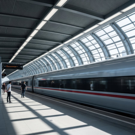 A contemporary train station platform with a sleek, modern design. Sunlight streams through the arched ceiling, casting dramatic shadows on the empty platform, highlighting the clean lines of the structure and the waiting train.の素材