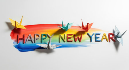 Celebrate the new year with a splash of color! This festive image features 'Happy New Year' written in a watercolor style, adorned with delicate paper cranes and artistic brushstrokes on a clean surface.の素材