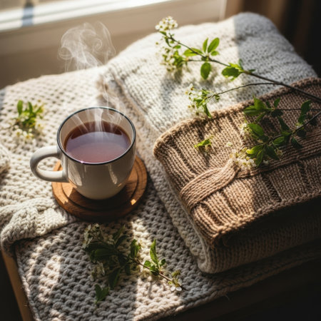 A steaming mug of dark liquid rests on a textured surface, accompanied by a woven basket and delicate green sprigs, evoking a sense of peaceful morning refreshment and quiet comfort.の素材