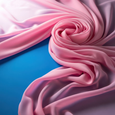 A close-up view of a soft pink fabric, artfully arranged in a swirling pattern, showcasing its delicate texture and elegant flow against a contrasting surface.の素材