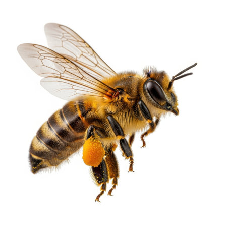 A detailed macro shot of a honeybee captured mid-flight. Observe the intricate textures of its wings and body, and the pollen baskets laden with golden pollen.の素材