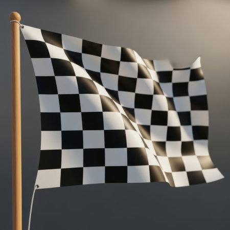A classic checkered flag, symbolizing victory and the end of a race, flutters dynamically.の素材