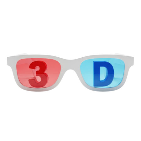 A pair of white framed glasses with red and blue lenses displaying the letters 3 and D.の素材