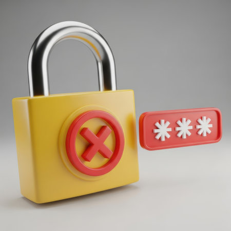 A yellow padlock with a red cross symbol and a separate red login field with three asterisks, indicating a security breach or failed access.の素材