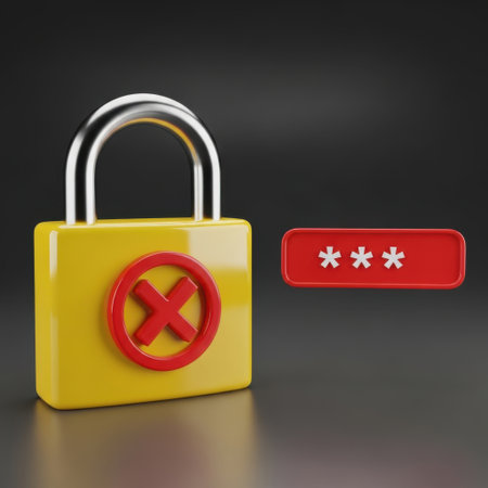 A digital illustration of a yellow padlock with a red cross and a red button displaying three asterisks, representing a security failure.の素材