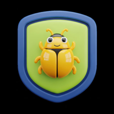 A charming, cartoonish yellow ladybug sits proudly on a shield, symbolizing safety and defense.の素材