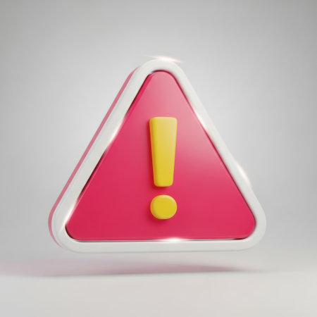 A 3D rendered illustration of a prominent red triangular caution sign featuring a bold yellow exclamation mark.の素材