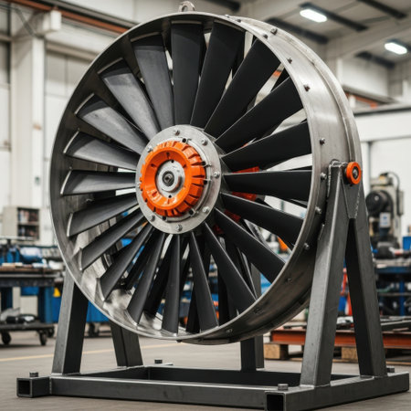 A large jet engine fan with numerous blades is displayed on a robust metal stand within a workshop environment.の素材