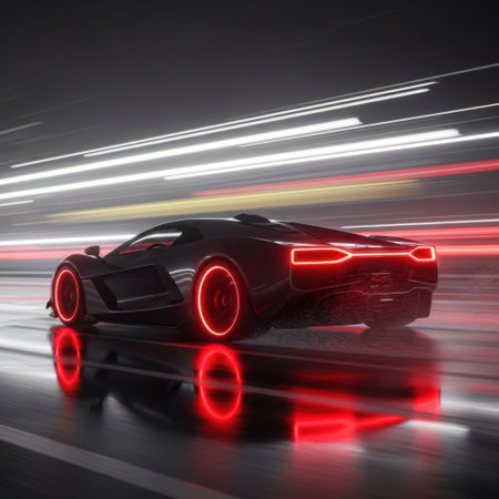 Experience the thrill of speed with this dynamic image of a sleek black sports car leaving streaks of vibrant red and white light in its wake on a wet, reflective road.の素材