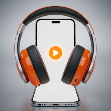 A sleek smartphone screen shows a prominent play icon, framed by vibrant orange and black audio accessories.の素材