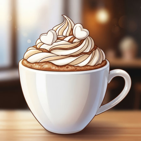 A close-up illustration of a white mug filled with a creamy beverage, adorned with sweet heart shapes.の素材