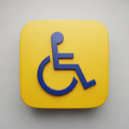 A vibrant yellow square with rounded corners displays a raised blue graphic representing accessibility for individuals using wheelchairs.の素材