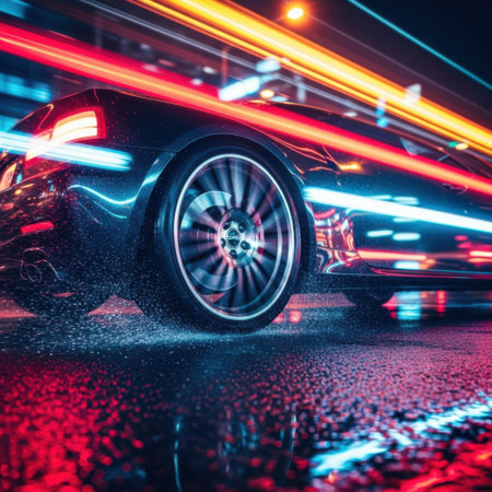 Experience the thrill of speed with a close-up of a car's wheel amidst a dazzling display of neon light streaks. This image captures the essence of motion and urban nightlife.の素材