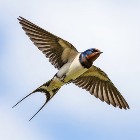 A detailed close-up shot captures the natural beauty of a barn swallow in mid-air. Its wings are fully extended, showcasing intricate feather details and vibrant coloration against a softly blurred sky.の素材