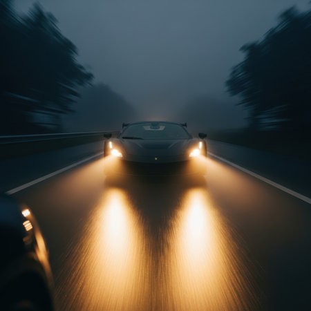 Intense car headlights cut through thick fog on a dark, empty road. The beams create an atmospheric glow, highlighting the challenging conditions of a night drive.の素材