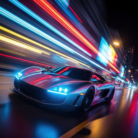 A sleek silver sports car streaks through a vibrant city at night, its headlights illuminating the path as colorful light trails blur around it on a slick, reflective surface.の素材