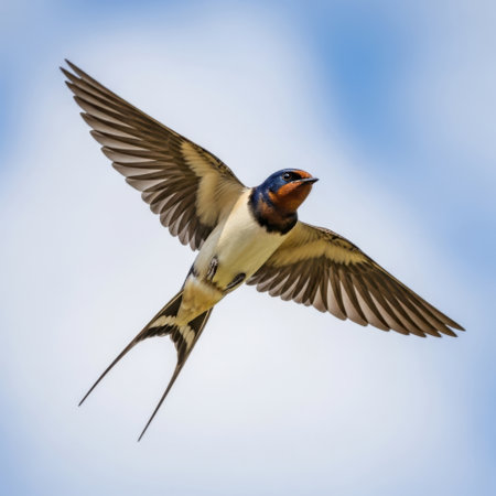A stunning close-up captures a Barn Swallow in mid-flight its wings fully extended. The intricate feather details and swift motion are beautifully preserved against a soft blue sky.の素材