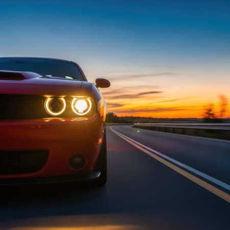 A powerful red sports car cruises down a highway as the sun sets painting the sky with vibrant colors. Its headlights cut through the fading light creating a sense of forward motion and adventure.の素材