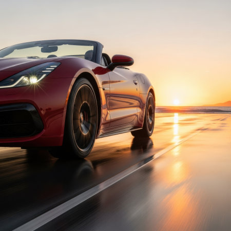 A vibrant red convertible sports car is captured in stunning detail, reflecting the warm golden hues of a sunset as it sits on a wet road, ready for adventure.の素材