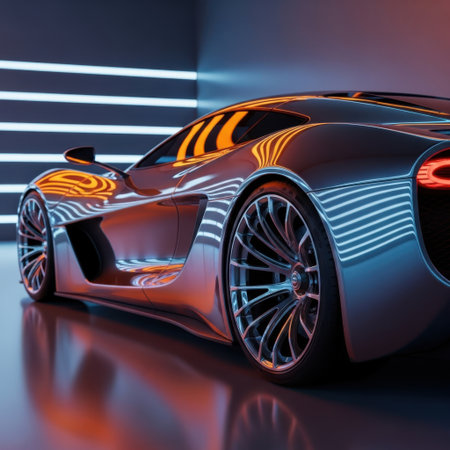 A stunning close-up of a sleek, futuristic supercar with a polished chrome finish reflecting vibrant neon lights. The car is showcased in a contemporary, stylish setting, highlighting its aerodynamic design and advanced aesthetics.の素材