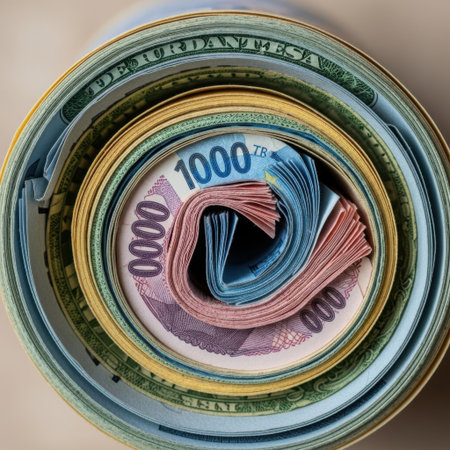 A close-up view of multiple rolled currency bills from different nations, showcasing a variety of colors and denominations.の素材