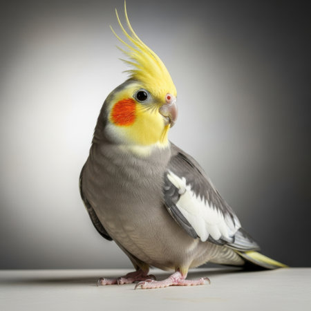 A beautiful cockatiel perched elegantly, showcasing its striking yellow crest and vibrant orange cheek patches. This detailed image captures the bird's distinctive features and gentle demeanor.の素材