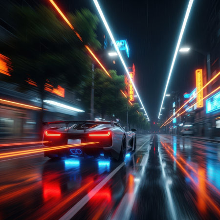 Experience the thrill of speed with this dynamic image capturing a sports car's exhilarating night drive through a vibrant cityscape illuminated by glowing neon signs and reflections.の素材