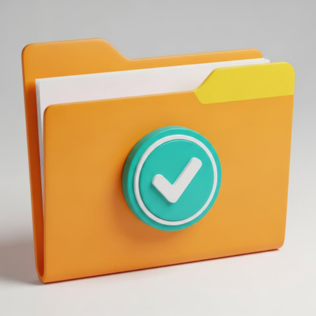 A stylized 3D rendering of an orange folder with a green circle and white checkmark, signifying a task or document is done.の素材