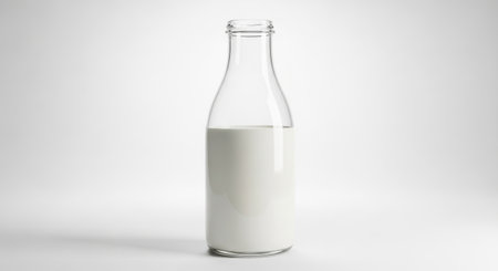 A tall clear glass bottle filled with opaque white milk stands upright in a clean studio setting. The minimalist composition highlights the purity and simplicity of the beverage.の素材
