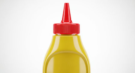 A close-up, bright image focuses on the top of a classic yellow mustard squeeze bottle. The distinct red cap is prominently displayed, hinting at the tangy condiment ready to be dispensed for meals.の素材