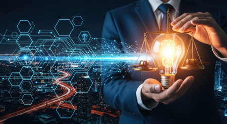 A person in a suit holds a bright lightbulb, representing a new concept or brilliant thought.の素材