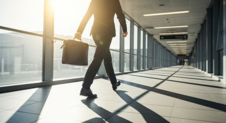 A silhouette of a woman in business attire walks down a bright, contemporary hallway with large windows.の素材