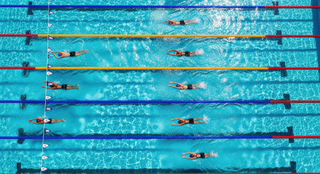 A high-angle perspective captures athletes swimming in distinct lanes during a competitive aquatic event.の素材