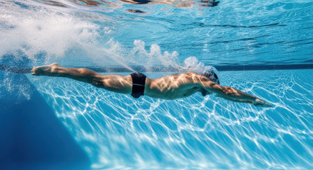A swimmer glides through the water, body extended, arms pulling with force. Sunlight refracts through the blue liquid.の素材