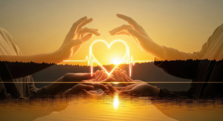 A romantic depiction of connection, with hands creating a luminous heart symbol during a serene sunset.の素材