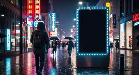 A solitary figure walks down a rain-slicked street illuminated by dazzling neon signs and a large digital display.の素材