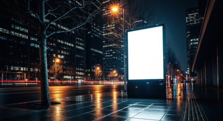 A brightly lit billboard stands tall on a wet city street at night, with streaks of light from passing vehicles.の素材