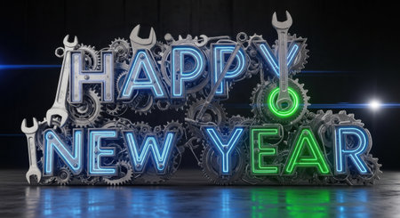 A dynamic New Year's greeting featuring intricate mechanical tools forming the words Happy New Year. The design is illuminated with vibrant blue and green neon lights, suggesting innovation and growth.の素材