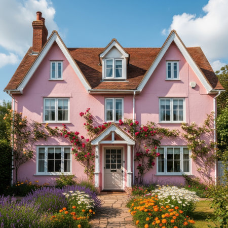 A picturesque pink dwelling adorned with climbing vines and surrounded by a colorful blooming garden.の素材