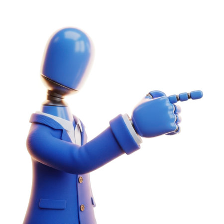 A blue mannequin figure, dressed in a suit jacket, gestures with its right hand, pointing forward against a bright white backdrop.の素材