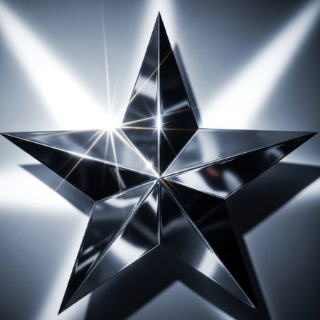 A polished metal star shape is brilliantly lit by bright beams of light, casting sharp shadows and reflections.の素材